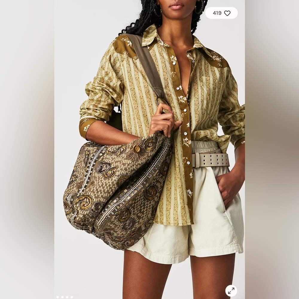 NWT Free People My Rose Western Pearl Snap Button XS Olive Multi Pieced Floral